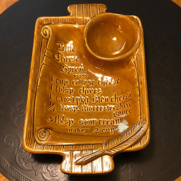 california pottery Other - VINTAGE 1970'S CALIFORNIA POTTERY BLUE CHEESE SPREAD RECIPE CHIP DIP PLATTER
